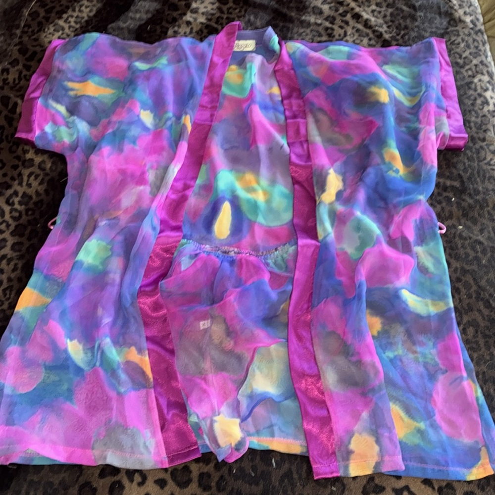 3 piece set Sexy lingerie Purple Fuchsia Teal Panty Shorts T-shirt Kimono Robe